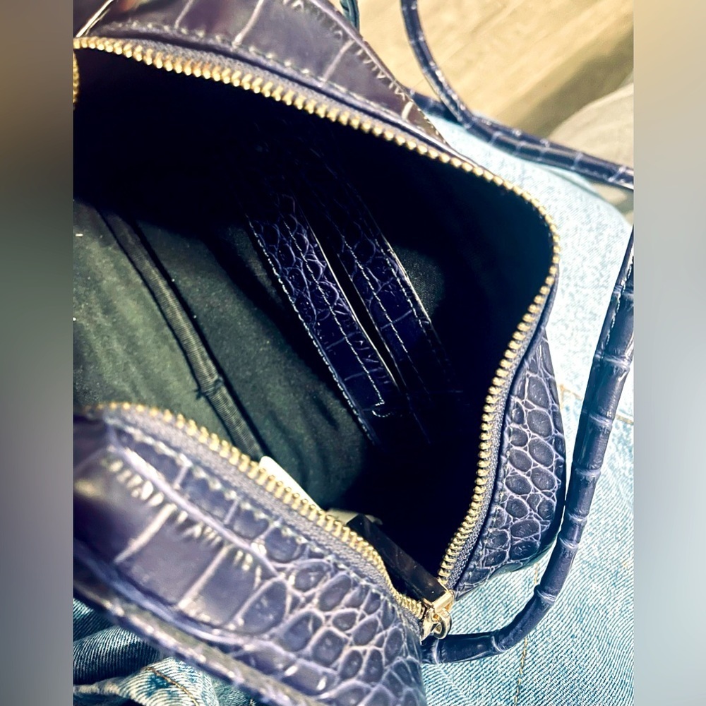 Zara Dark Navy Croc Embossed Crossbody Bag | Structured Mini Shoulder Purse - Picture 4 of 4